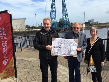 Drawing of Vin Garbutt interposed with the Tees Transporter Bridge